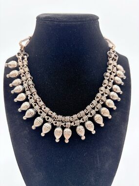 Antique Silver Tone Tribal Statement Necklace Fringe Boho Bib Dangle